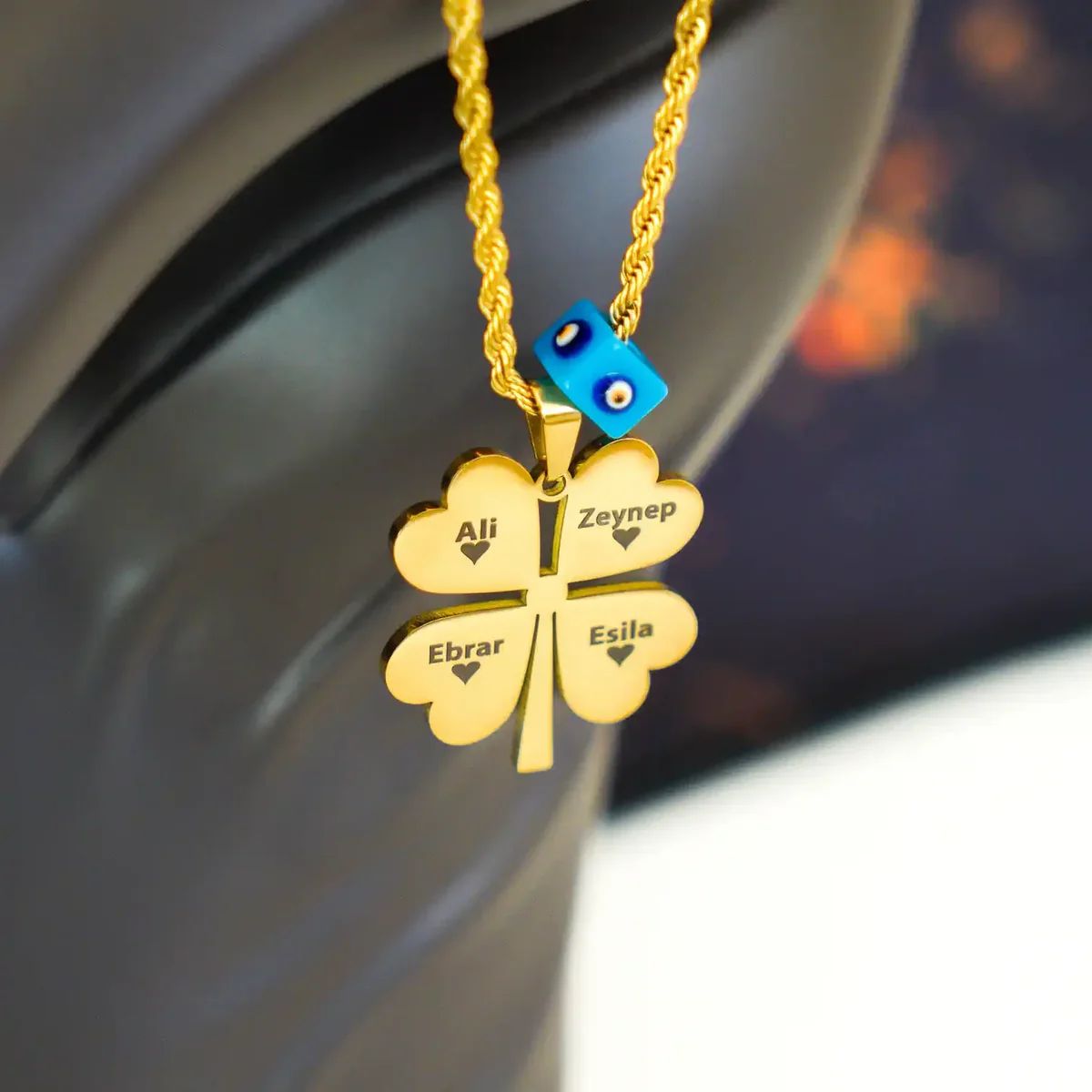 14 Ayar Altın Kaplama Kişiye Özel Yonca Kolye+Yanan Aşk Kutusu